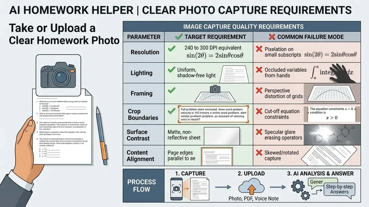 Comparison table detailing target image capture requirements versus common failure modes for homework photos