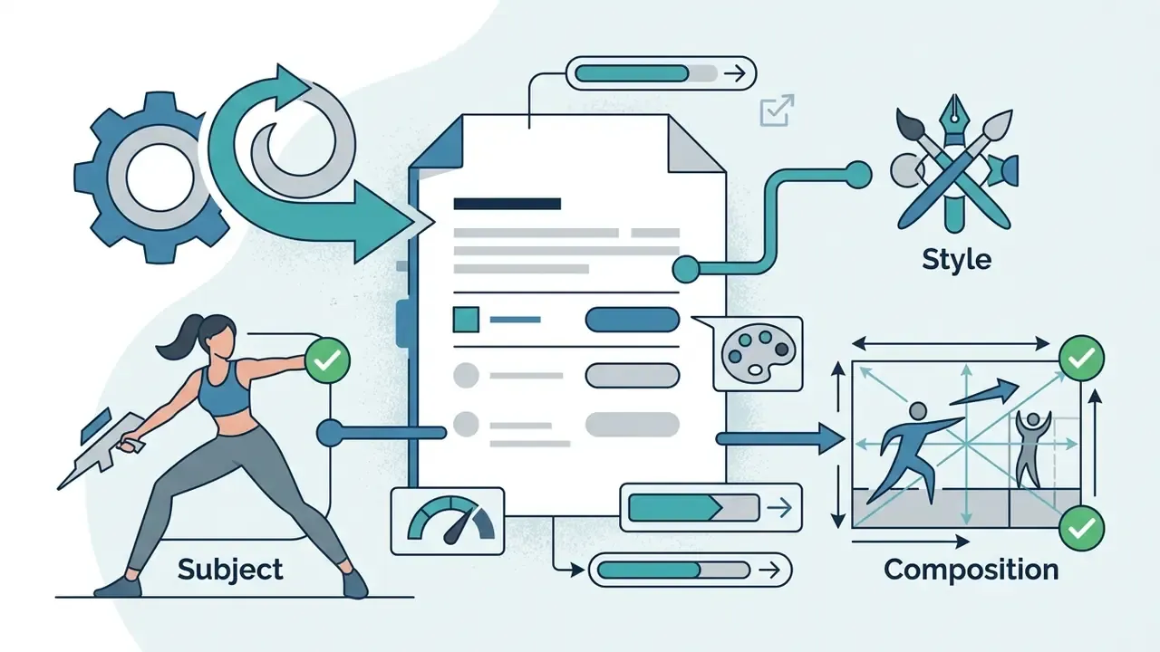 Document connected to icons representing subject, artistic style, and frame composition parameters
