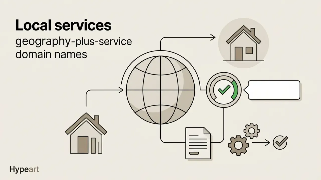 Globe icon connecting house symbols, documents, and gears to represent local service domain generation