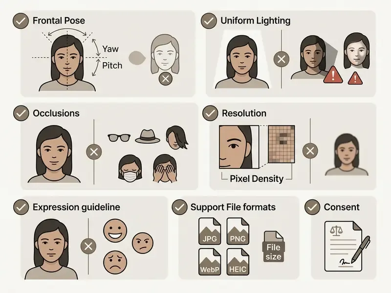 Checklist showing recommended photo criteria for facial analysis including pose, lighting, and file formats