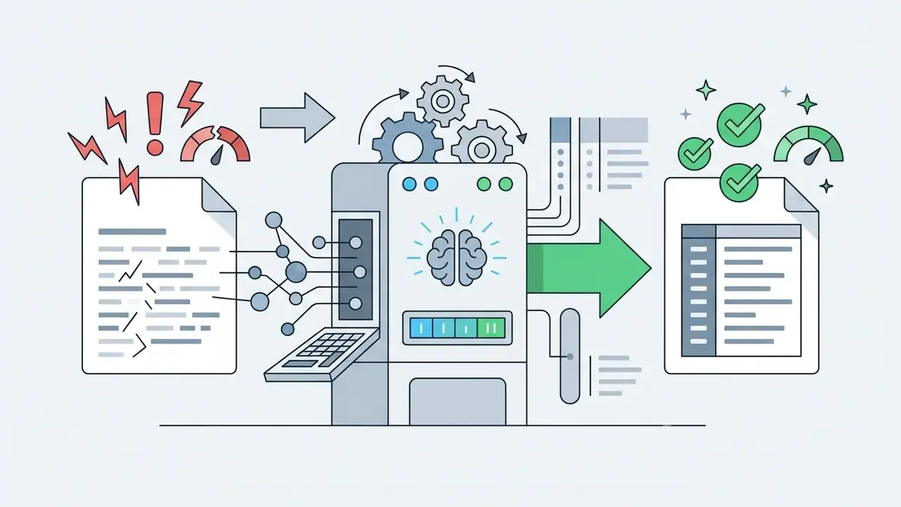 Broken spreadsheet code entering a mechanical processor with a brain icon to emerge as corrected data