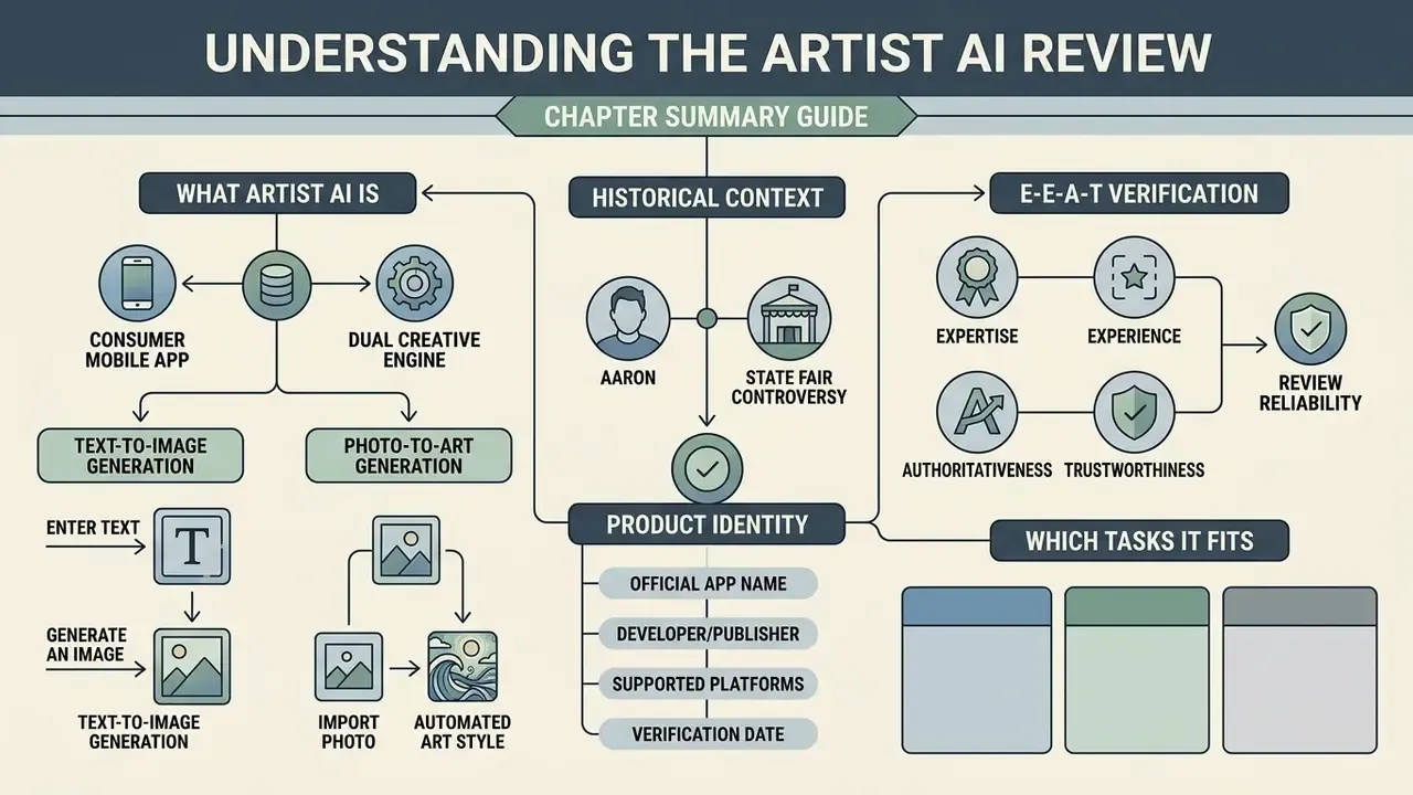 Flowchart outlining the features, history, and verification criteria for the Artist AI mobile application