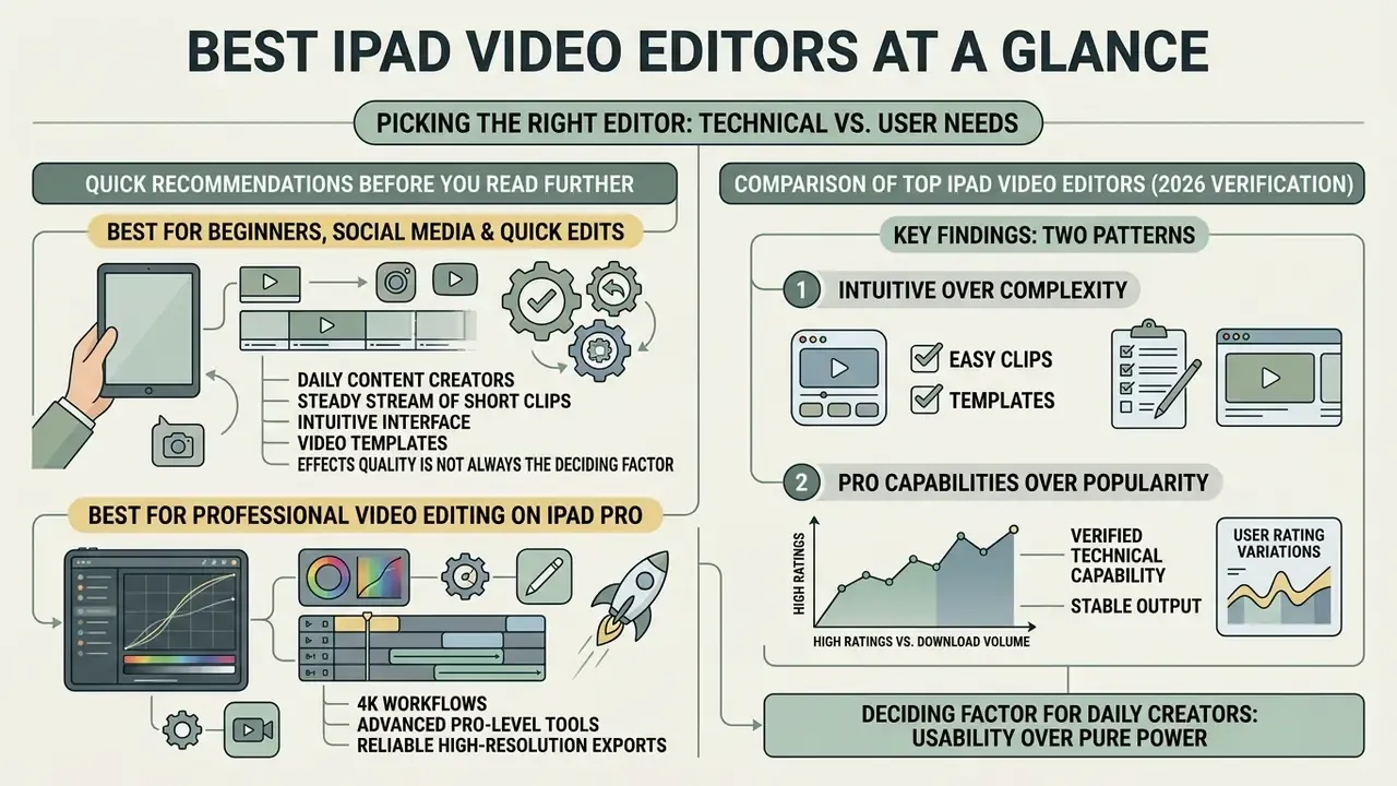 Infographic comparing iPad video editors by categorizing user needs, technical capabilities, and workflows