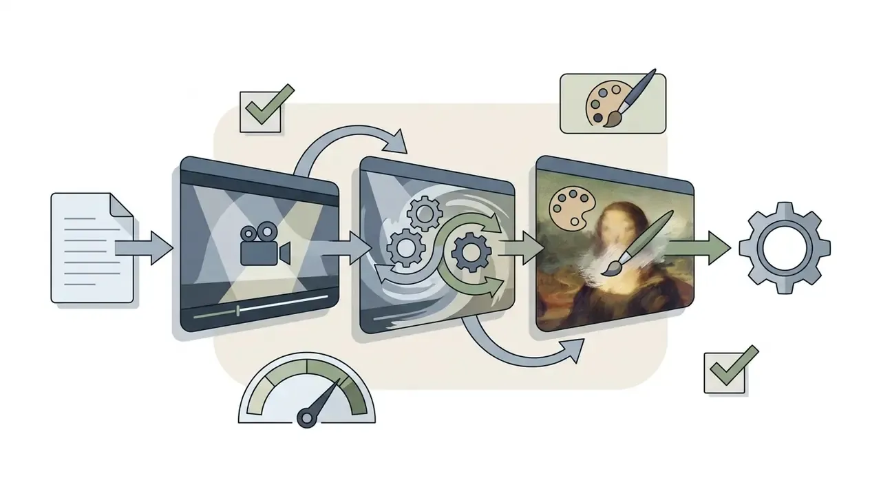 Sequence of document, cinematic, and painting icons connected by arrows with gears and checkmarks