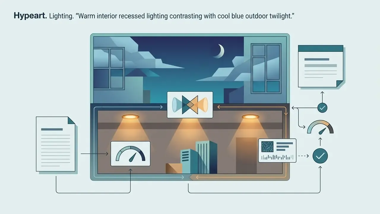 Document data flowing into a split interior and exterior scene with lighting and performance gauges