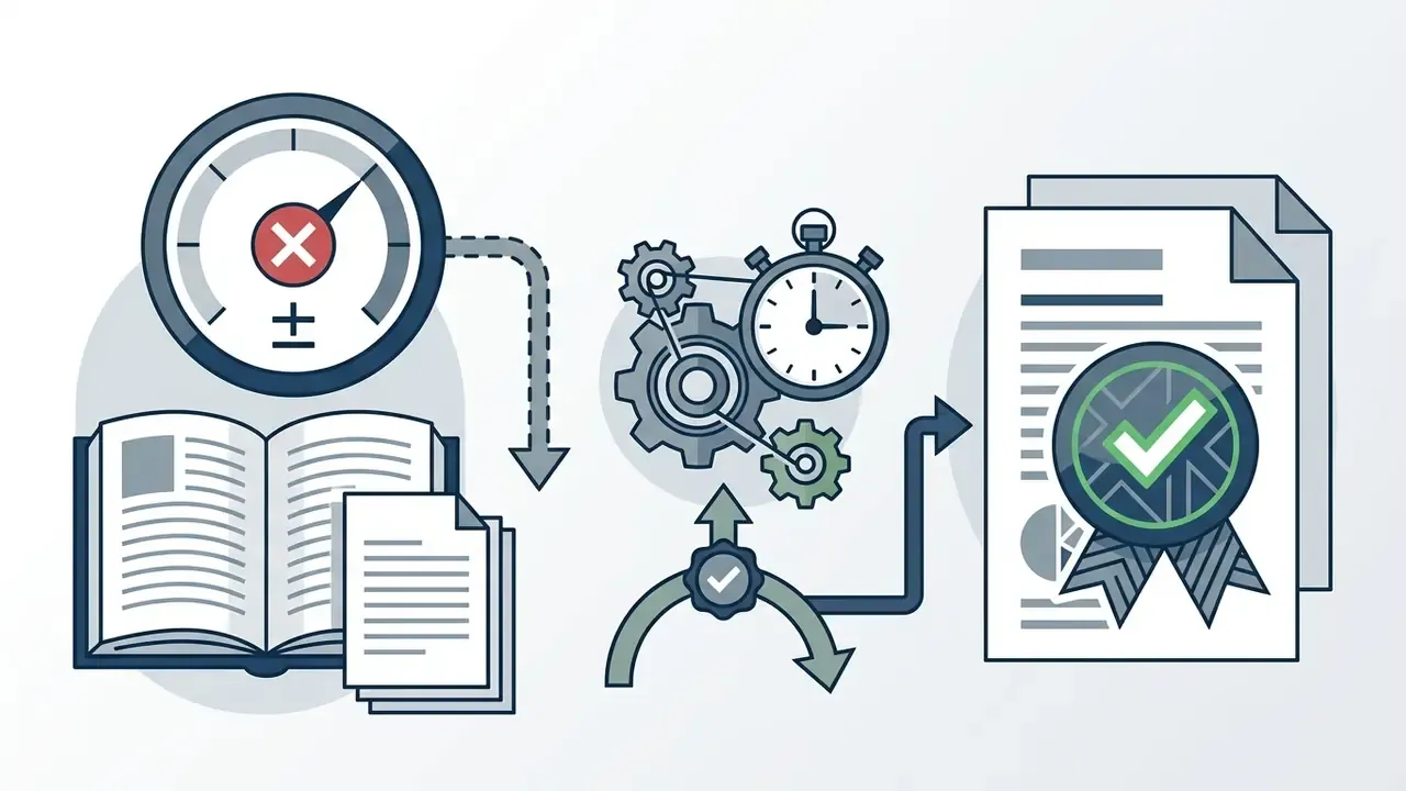 Gauge and documents feeding into a gear mechanism that processes data into a certified report