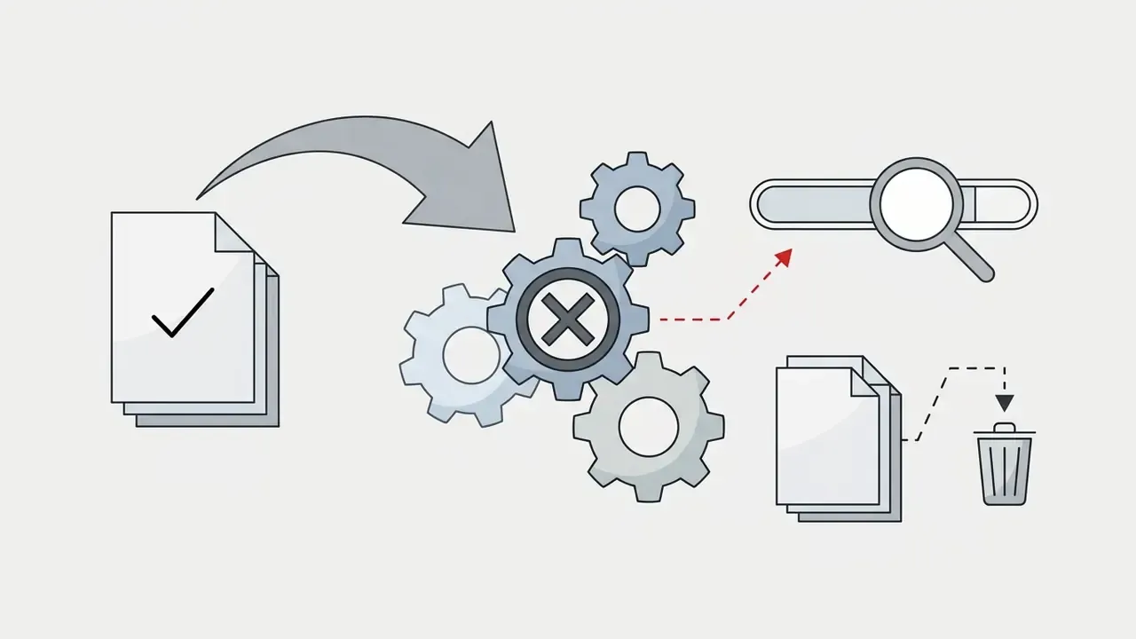 Documents moving into a gear mechanism for inspection, leading to either manual review or deletion