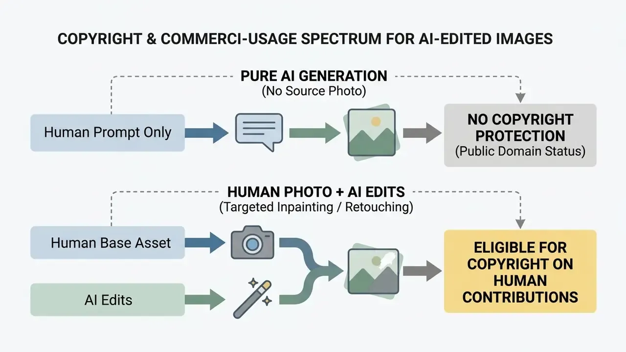 Graphic mapping copyright eligibility for pure AI generation versus human photo and AI edit workflows