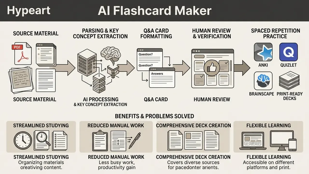 Flowchart showing an AI flashcard maker process from source material upload to spaced repetition practice