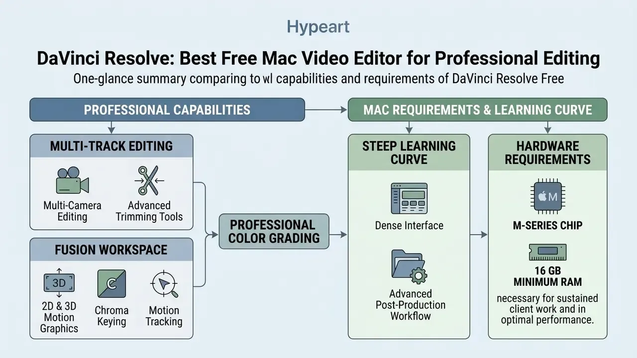 Infographic detailing the professional capabilities and system requirements for DaVinci Resolve on Mac
