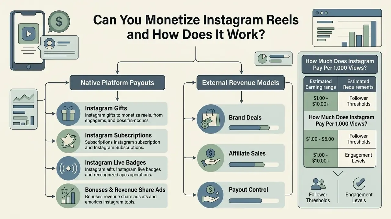 Infographic comparing native Instagram monetization tools and external revenue models for creators