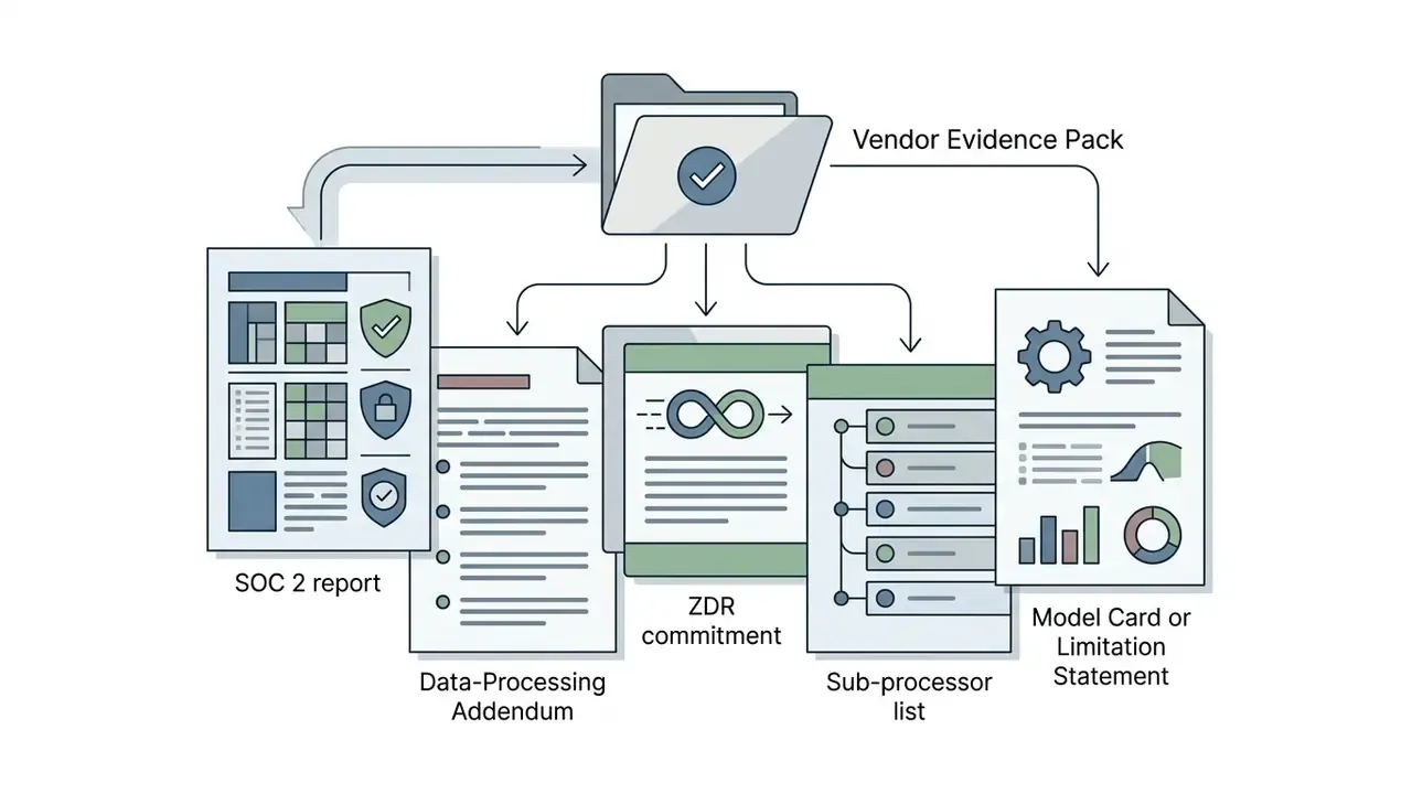 Folder icon connecting to various compliance documents like SOC 2 reports and model limitation statements