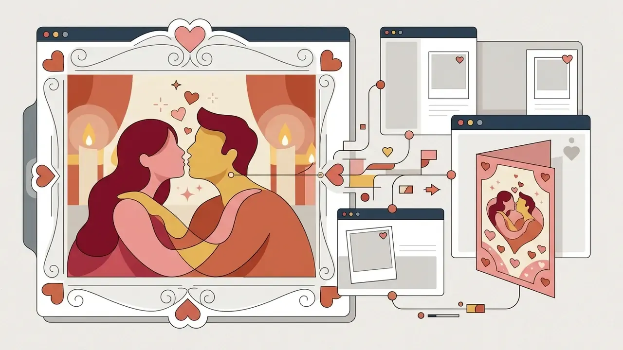 Couple kissing in candlelight converted by an ai kissing generator into a romantic greeting card design