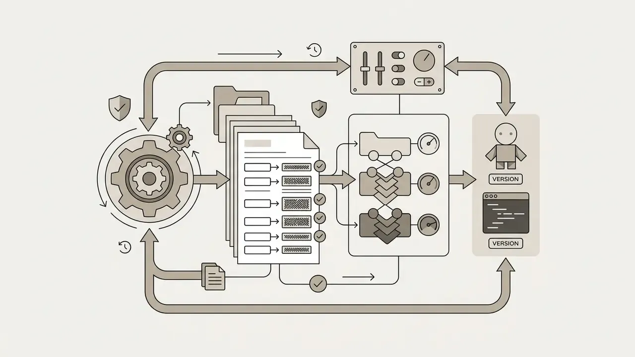 Looping workflow showing a gear feeding into stacked documents that link to versioned assets and code