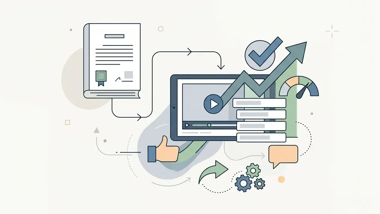 Document linked to a video player with rising trend arrows, a thumbs up icon, and gears representing engagement