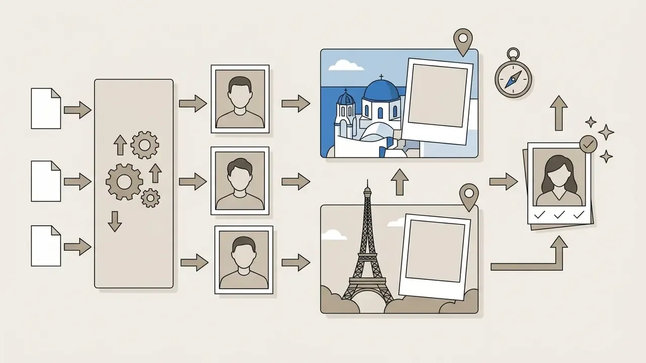 Process showing portraits being integrated into travel destination scenes like Santorini and Paris