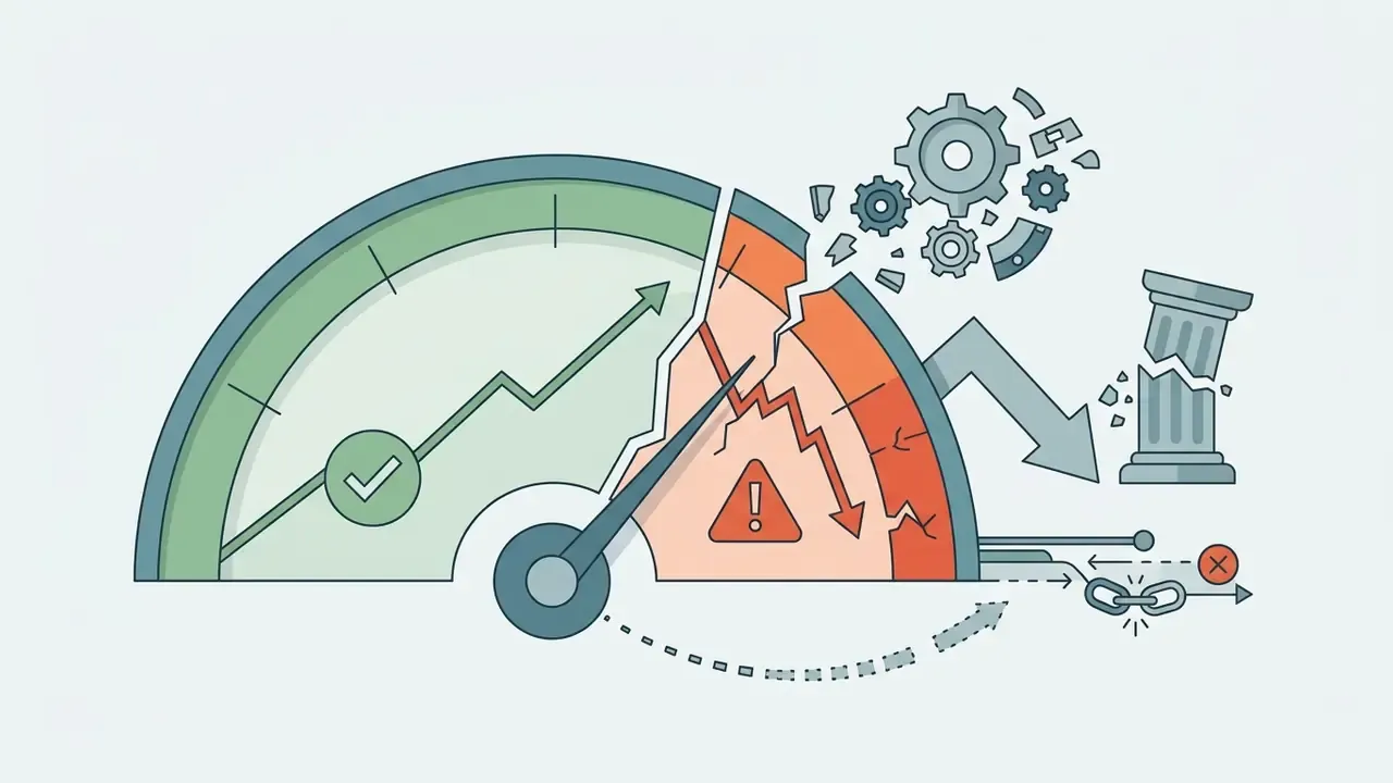 Broken speedometer gauge showing a transition from stable growth to a fractured and declining state