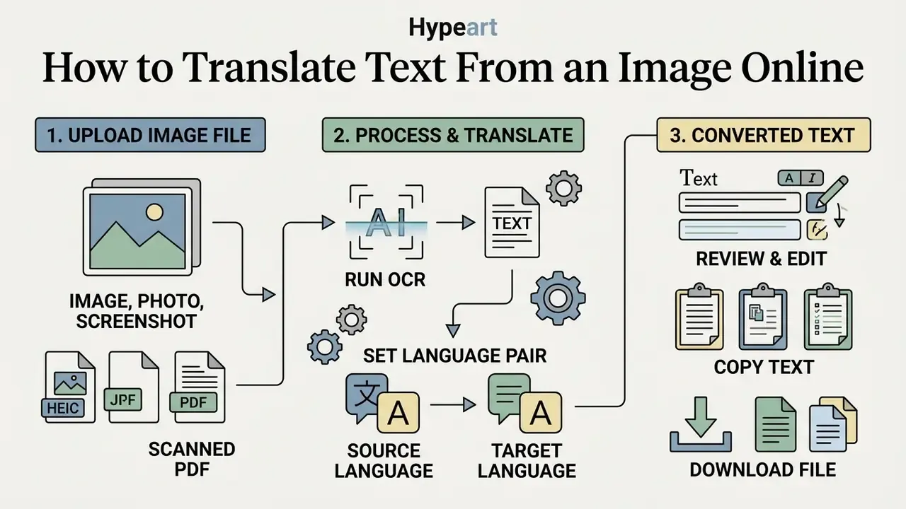Step by step infographic showing file upload, OCR processing, language selection, and text export