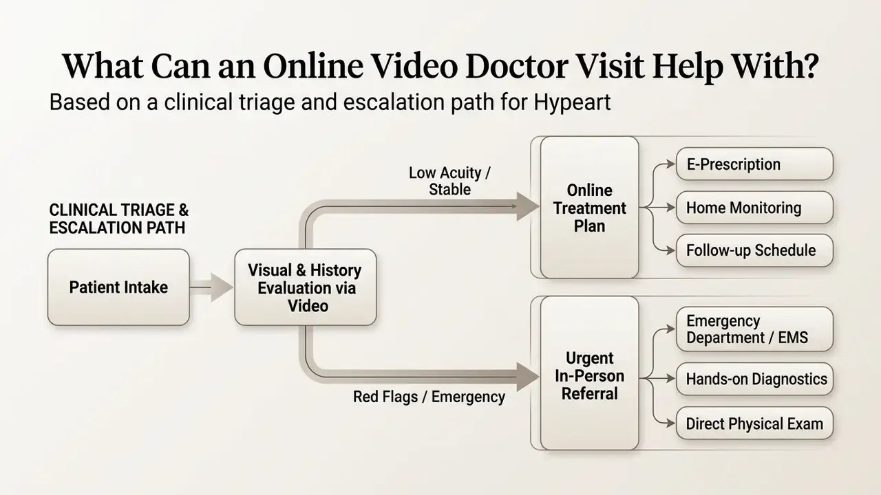 Diagram showing clinical triage paths from patient intake to either online treatment or in-person referral