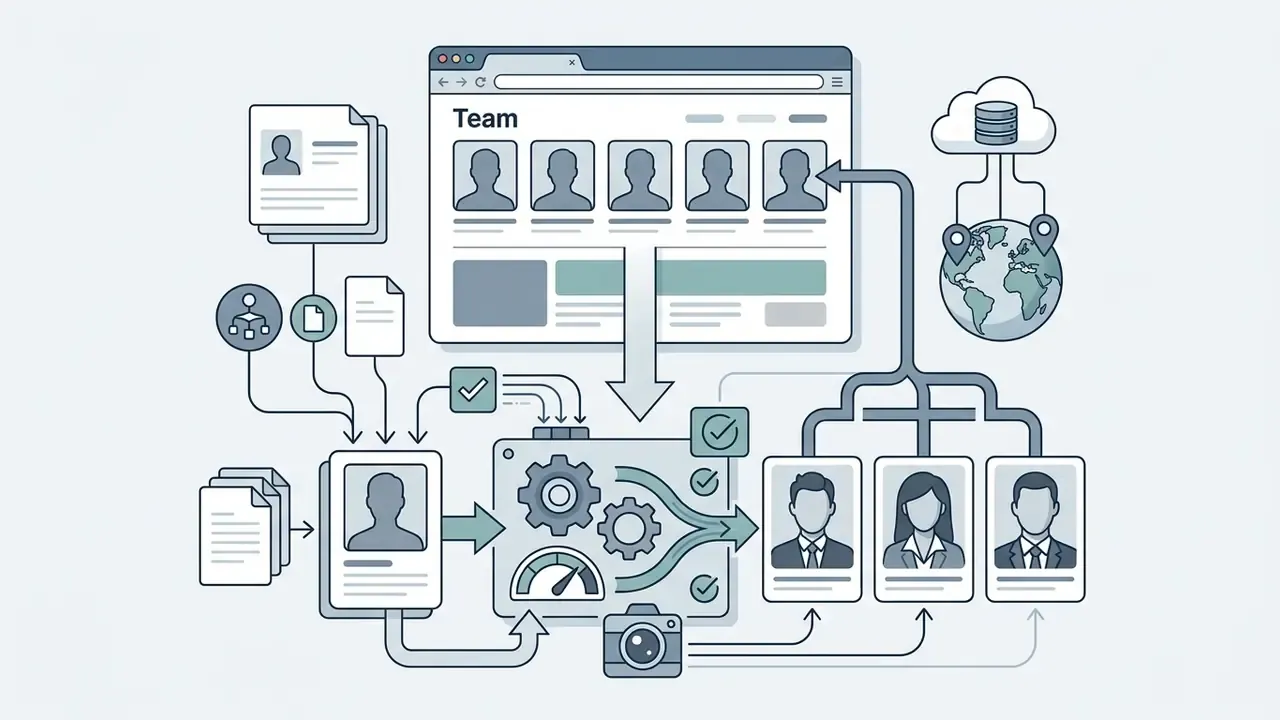 Web browser interface showing team profiles connected to a central processing unit and global data storage