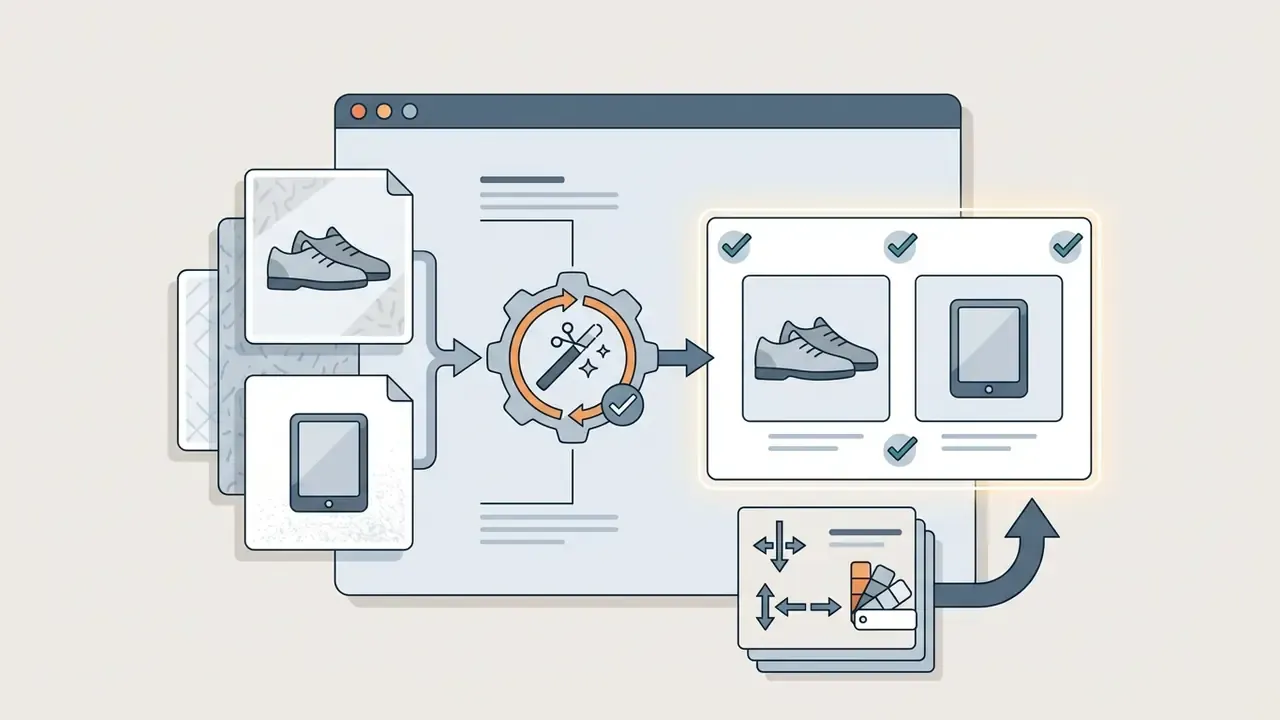 Product images being processed by a gear icon into standardized white background files