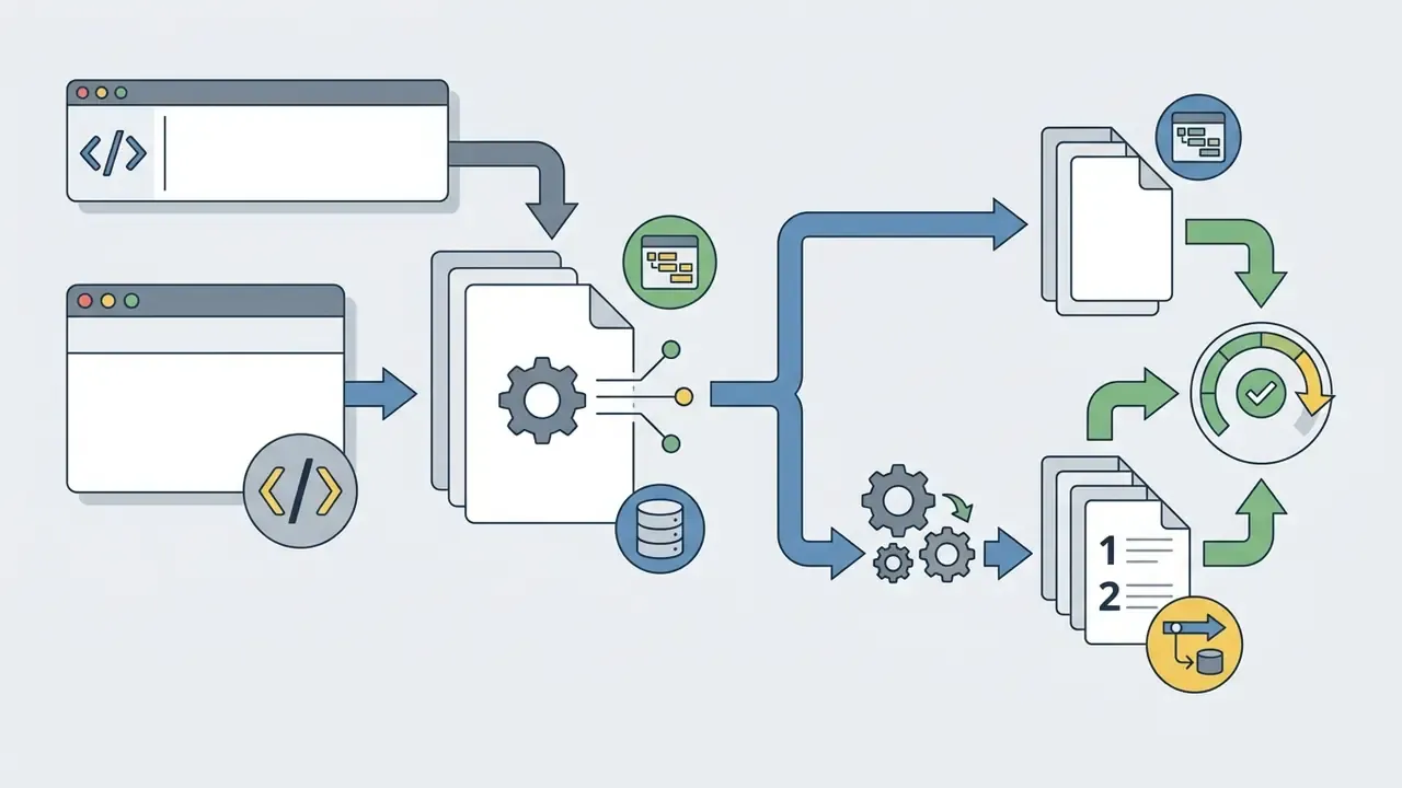 Code windows and documents feeding into a gear system that outputs to a status gauge and task lists