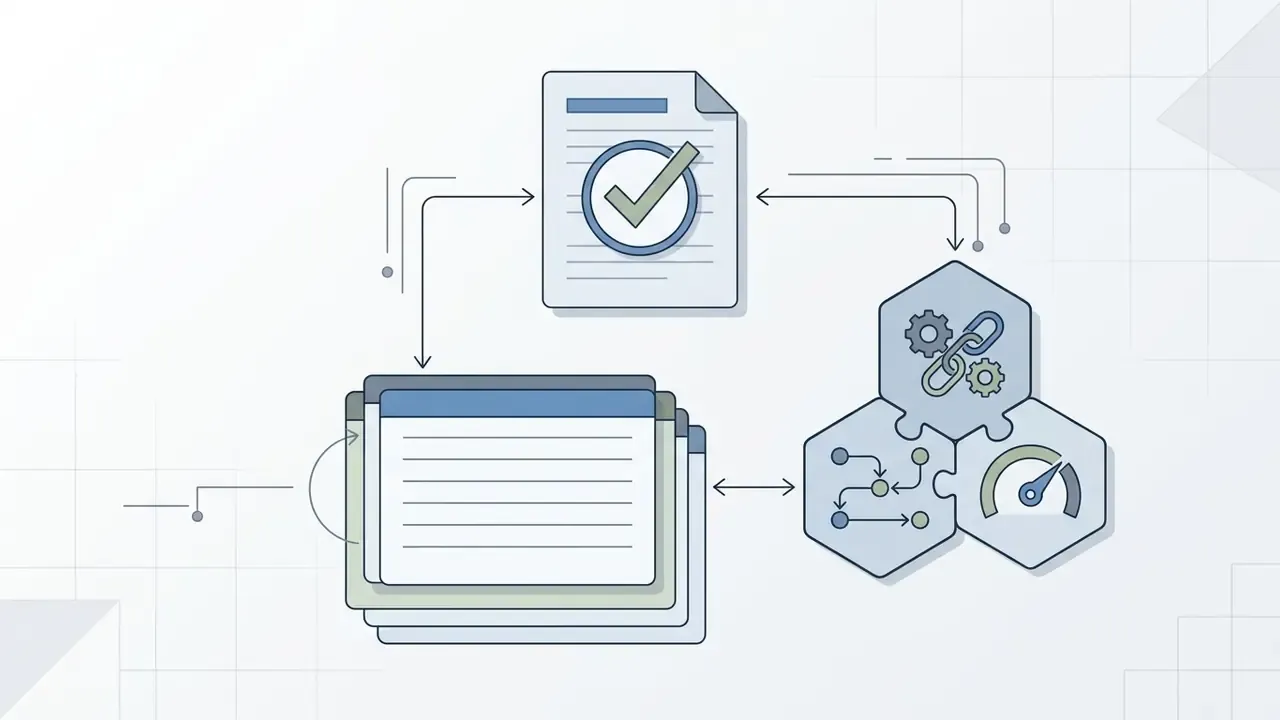 Document with a checkmark connected to a stack of windows and a cluster of three hexagonal icons