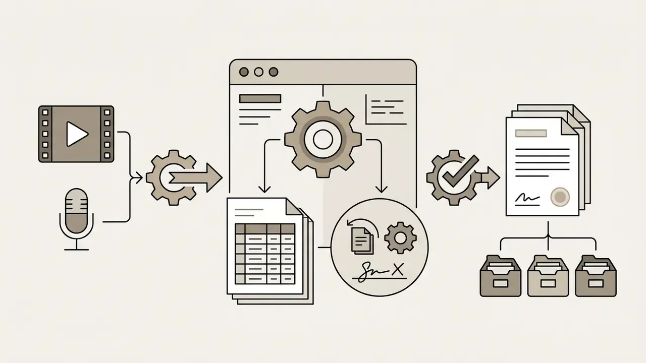 Video and audio inputs processed through gears into audit logs, signed documents, and filing cabinets