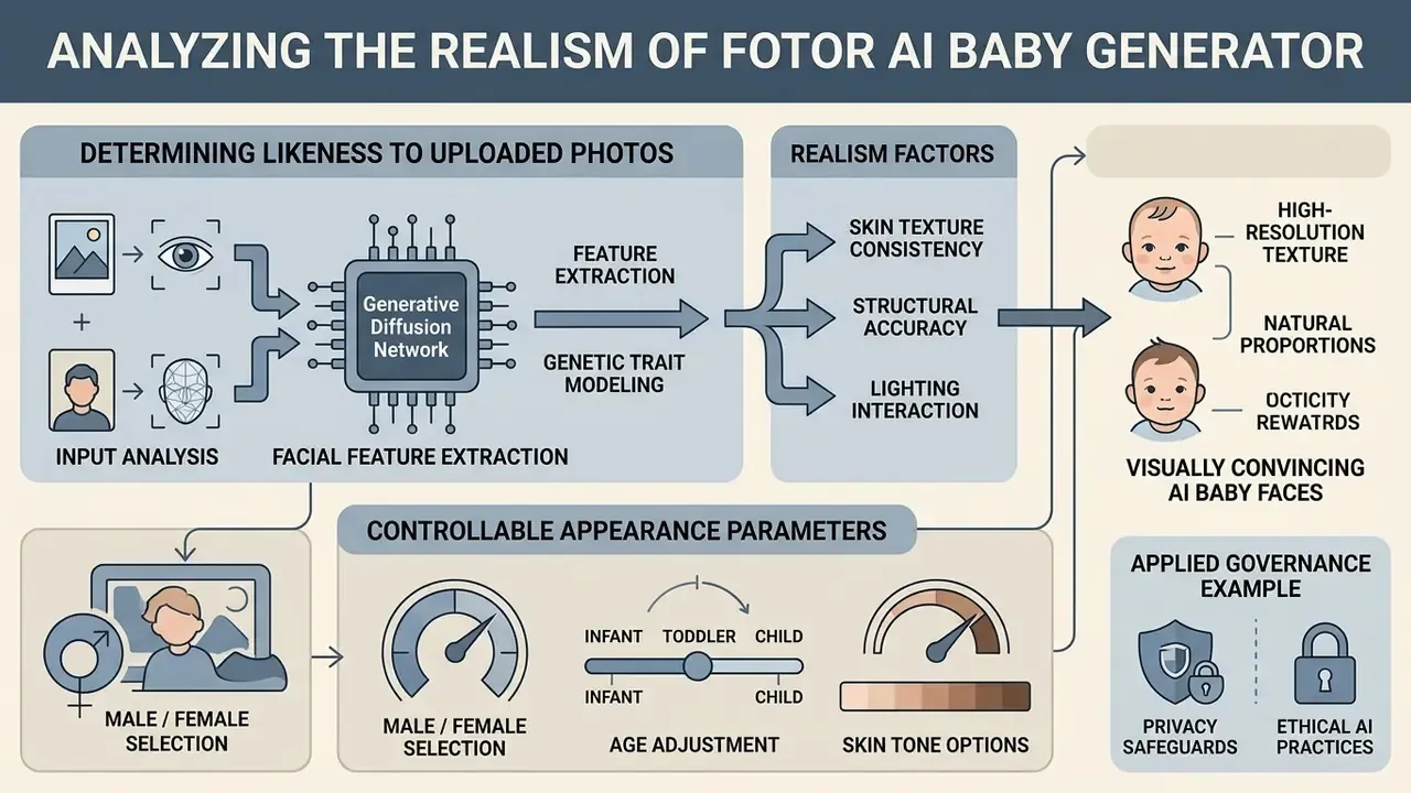 Infographic showing how generative diffusion networks process parent photos into realistic baby faces