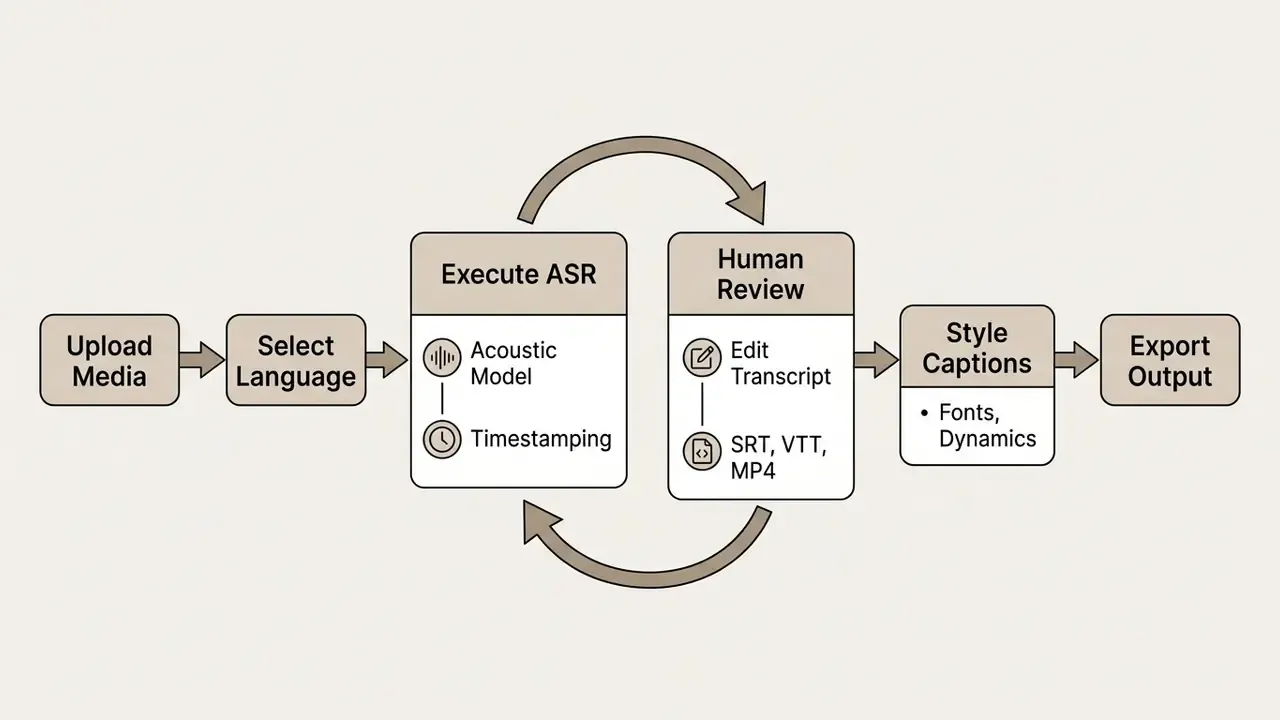 Flowchart showing the sequential steps of a video subtitle generator from media upload to final export