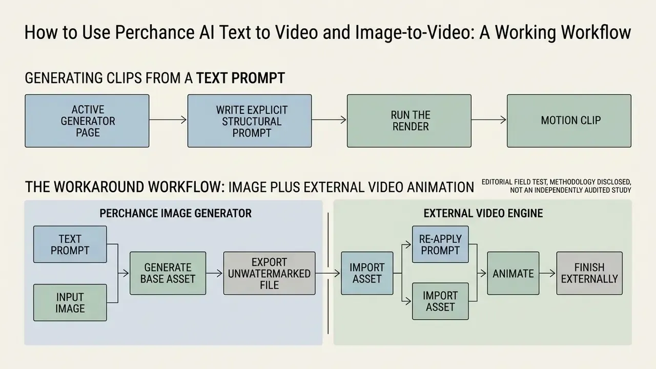 Flowchart showing steps for Perchance AI text-to-video generation and external image animation workflows