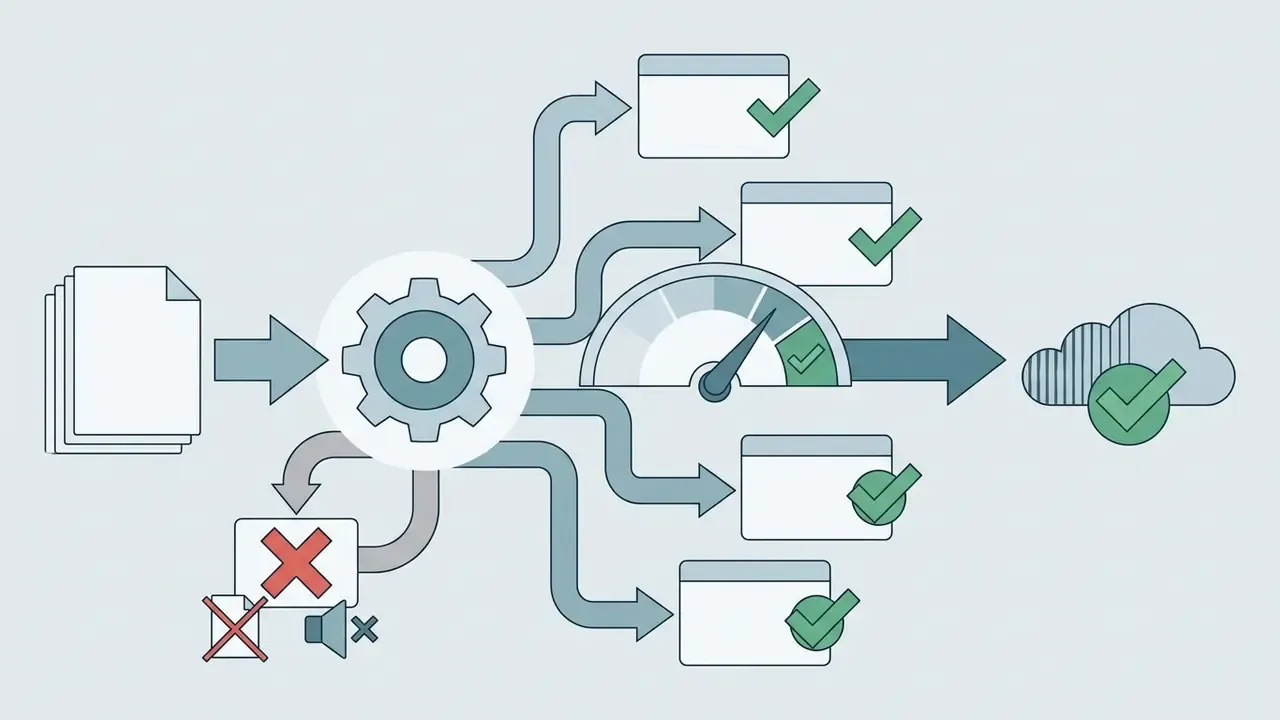 Documents feeding into a gear system that sorts approved files into a cloud while rejecting others