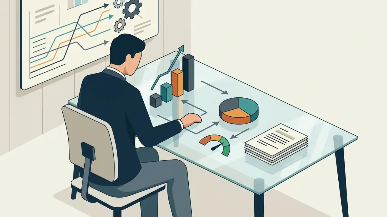 Financial analyst sitting at a glass desk reviewing charts, graphs, and data documents