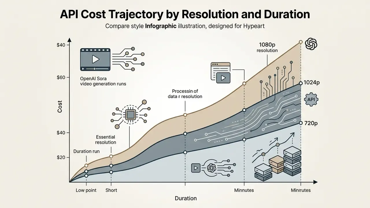 Line graph showing rising OpenAI Sora API costs across different video resolutions and durations