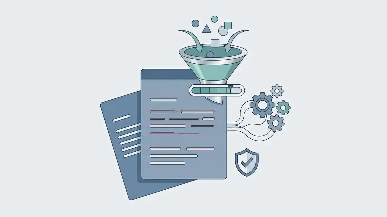 Funnel filtering data into documents connected to mechanical gears and a shield icon