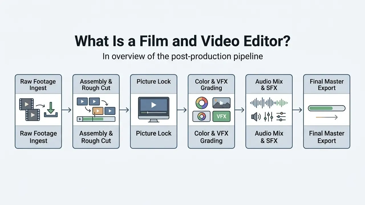 Flowchart showing the post-production steps from raw footage ingest to final master export