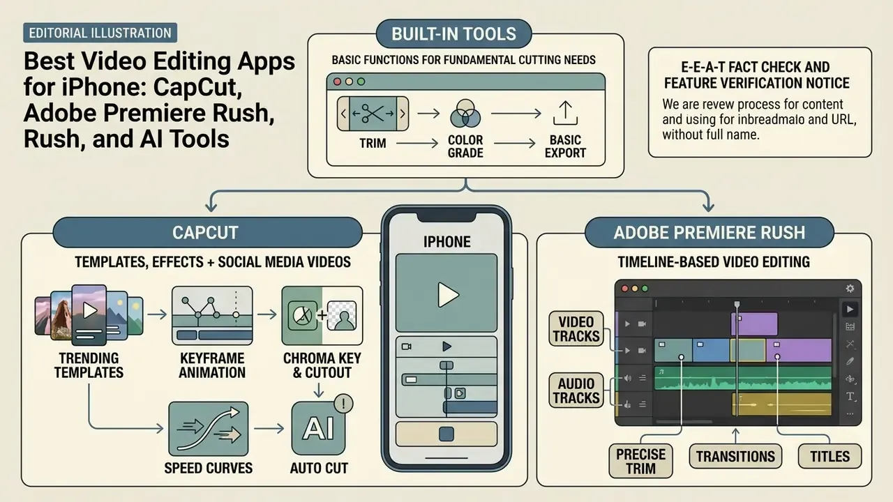 Summary of iPhone video editing features comparing built-in tools, CapCut, and Adobe Premiere Rush