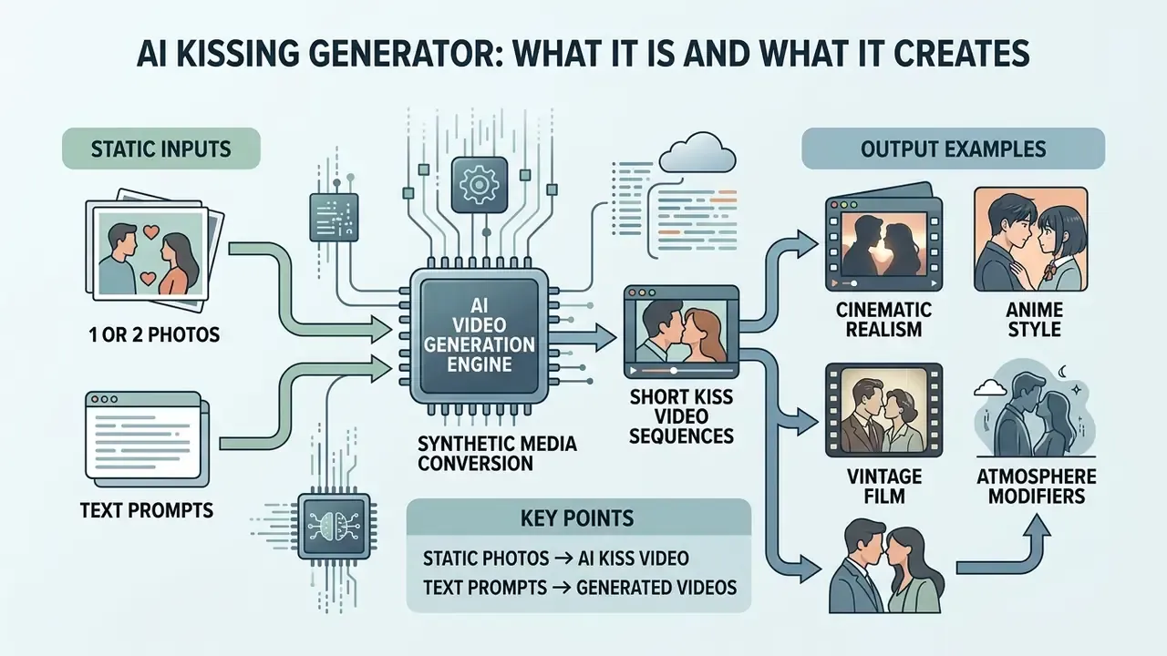 Flowchart showing how an AI kissing generator converts static photos or text prompts into video sequences