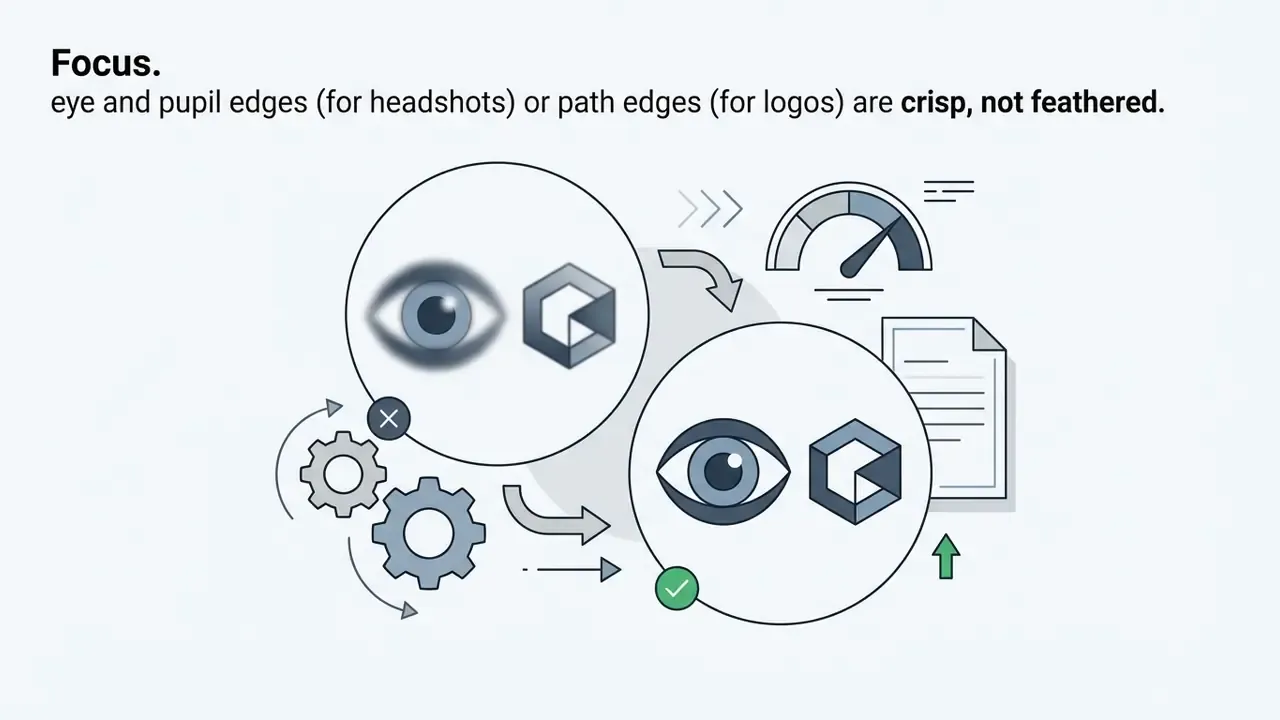 Comparison of blurry and sharp eye and logo icons with gears and a gauge indicating quality refinement