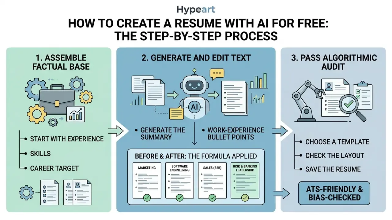 Three-stage workflow showing how to build a resume with AI by gathering data, editing text, and auditing
