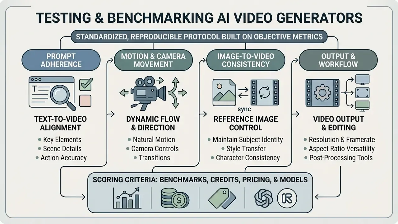 Flowchart outlining standardized metrics for evaluating AI video generation tools