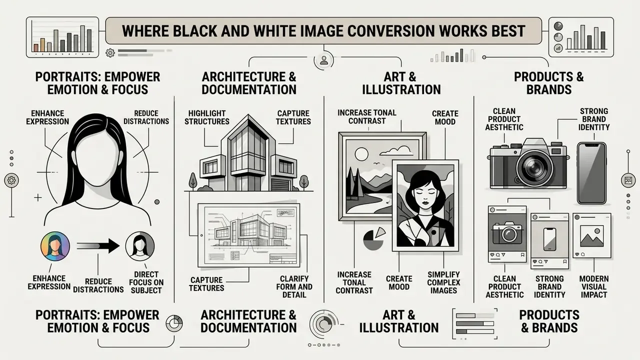 Infographic showing how monochrome conversion benefits portraits, architecture, art, and product photography
