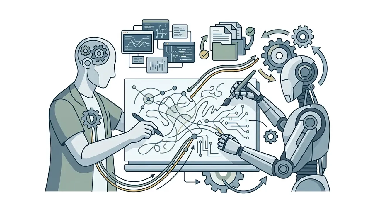 Human and android collaborating to draw abstract lines on a shared canvas surrounded by data icons