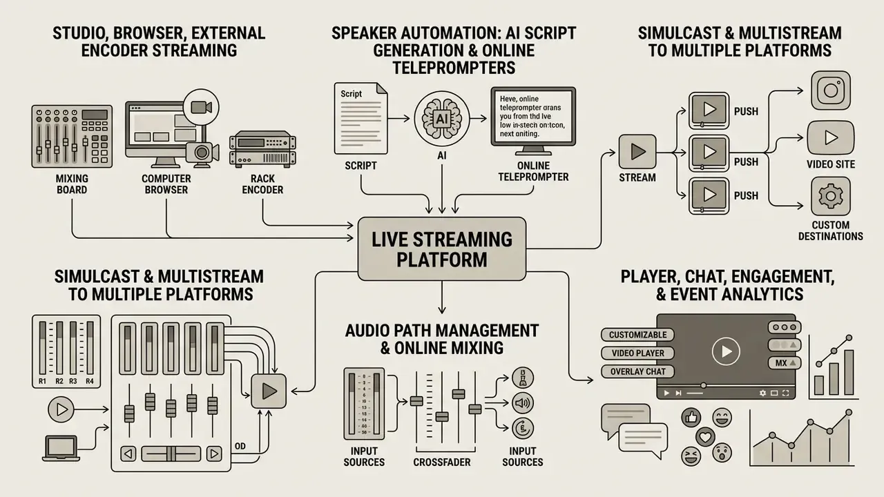 Diagram showing core broadcast tools including AI automation, audio mixing, and multi-platform distribution