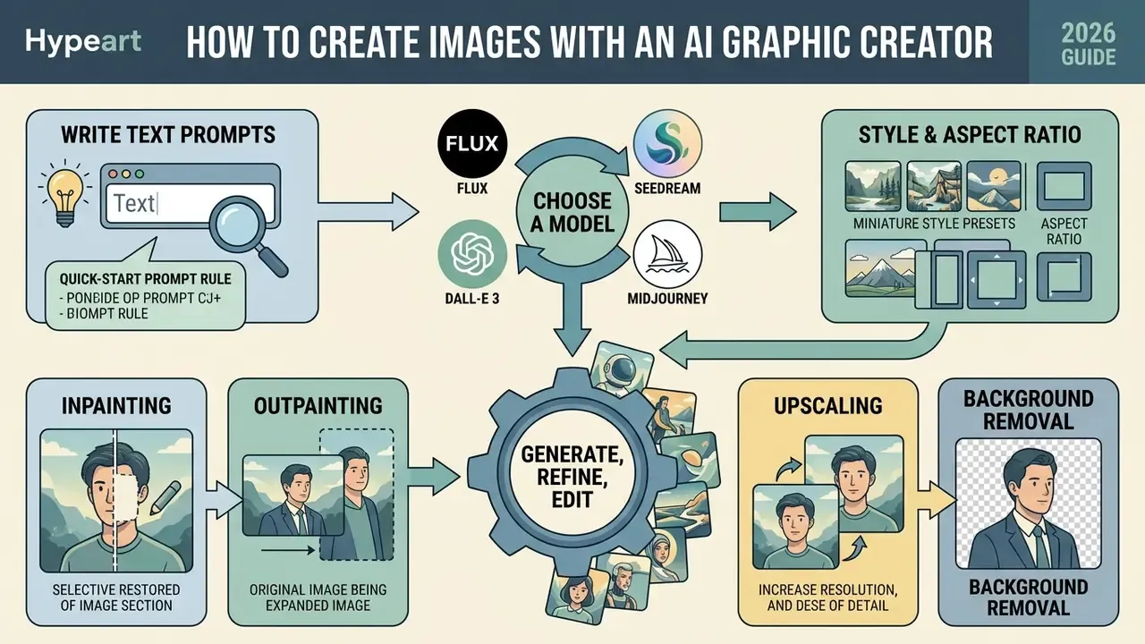 Step-by-step workflow showing prompt writing, model selection, and image editing techniques