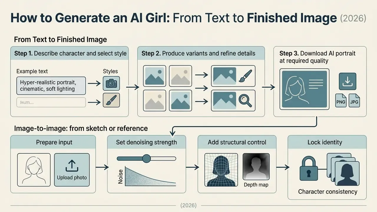 Step by step infographic showing the text to image and image to image workflow for a hyper realistic AI girl