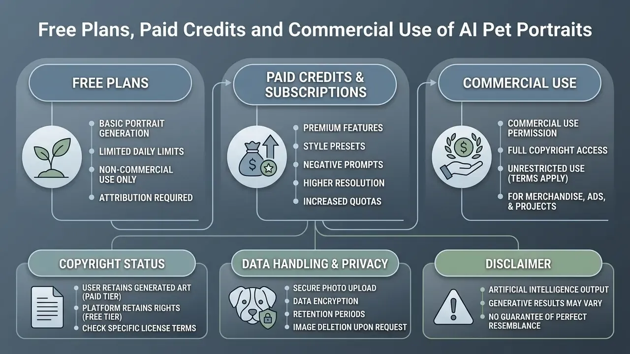 Summary table comparing free plans, paid subscriptions, commercial rights, copyright, and data privacy