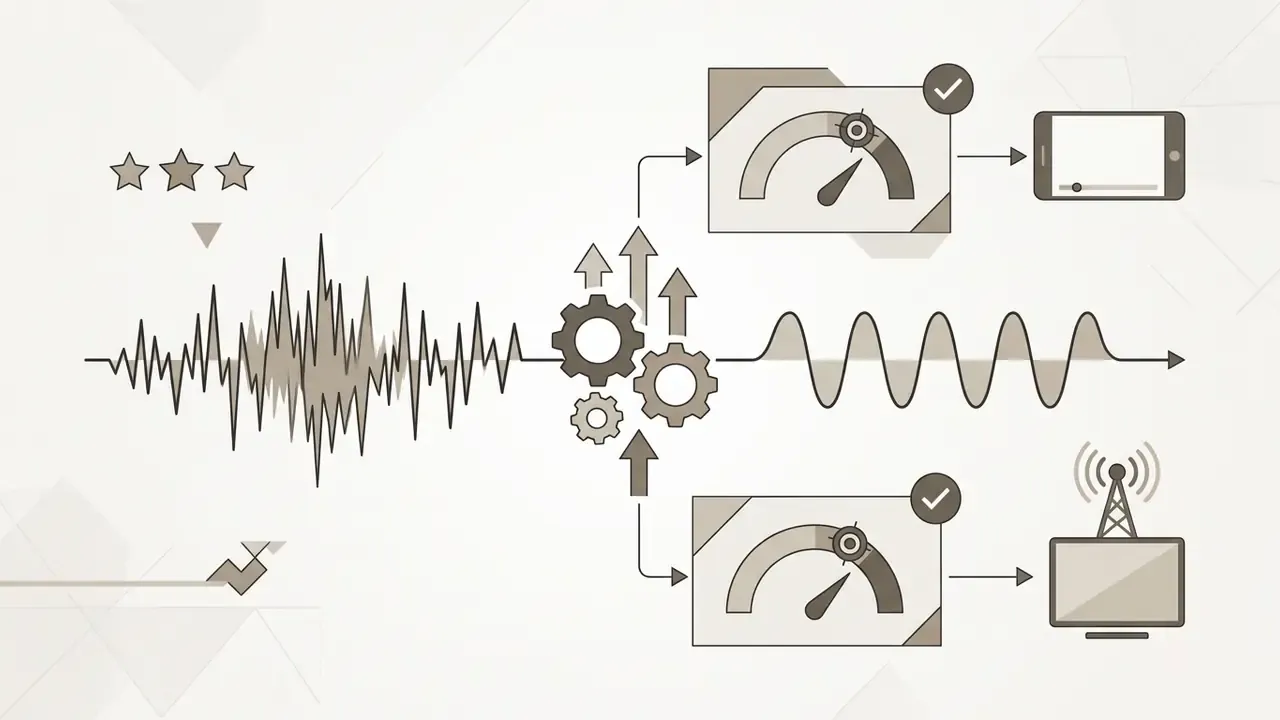 Audio waveform passing through gears to be normalized for mobile and broadcast delivery platforms