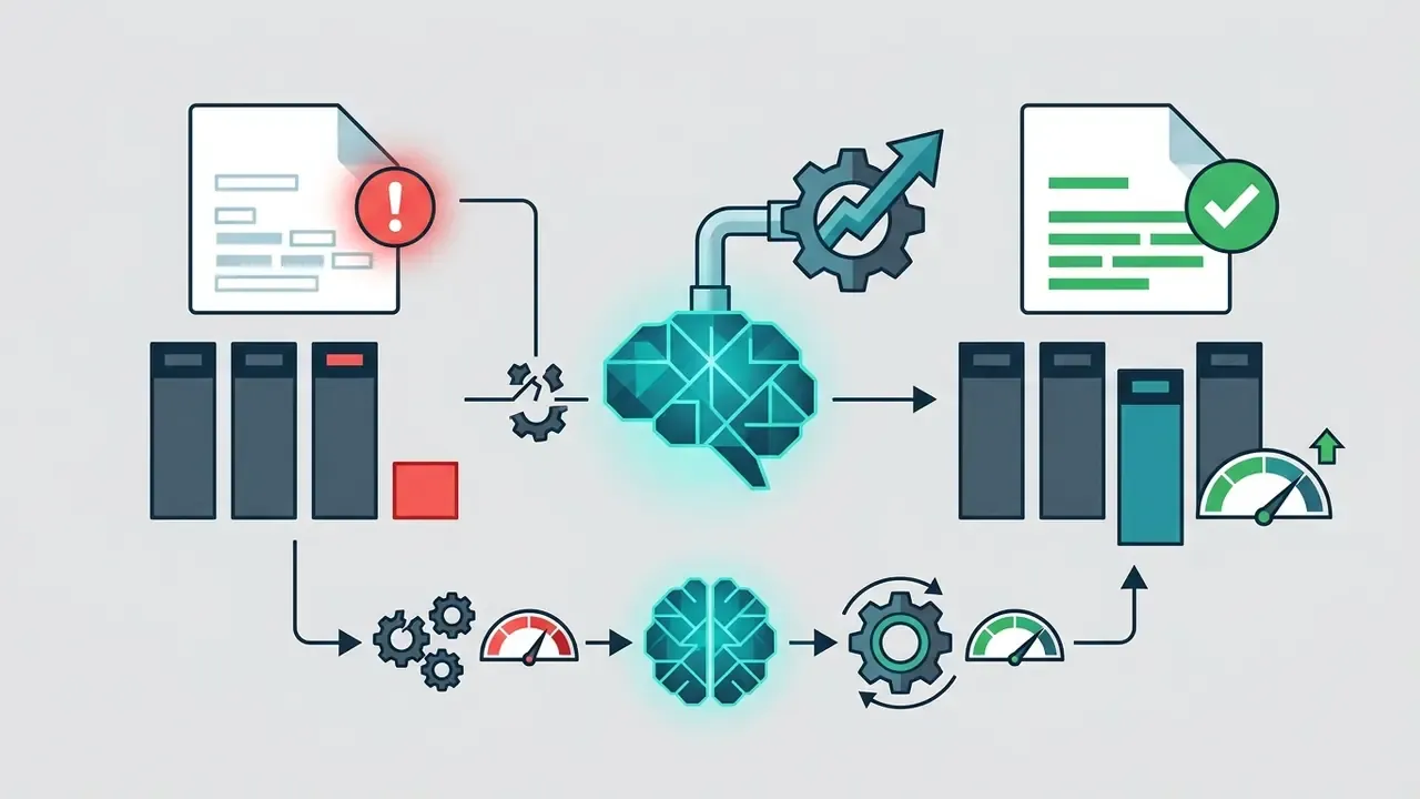 Faulty spreadsheet data passing through a digital brain and gears to emerge as corrected output