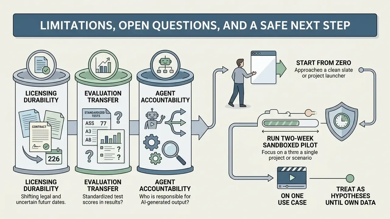 Diagram showing challenges like licensing and accountability alongside a pilot program for AI projects
